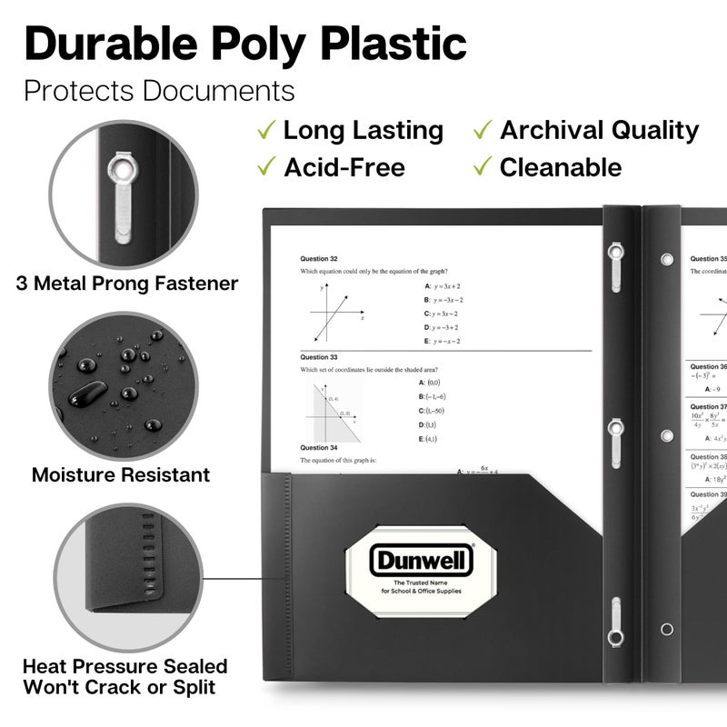 Dunwell Plastic Folders with 3 Prongs, (2 Pack, Black), 2-Pocket Folders with Fasteners, Durable Acid-Free Poly for Long Term Use, Includes Labels - Image 2